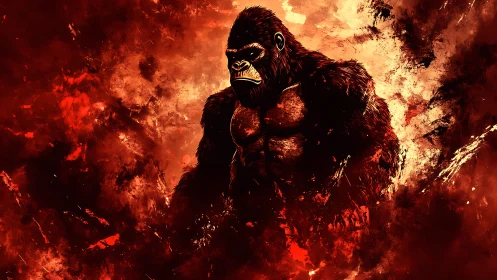 Digital painting of alpha gorilla amid abstract inferno field.