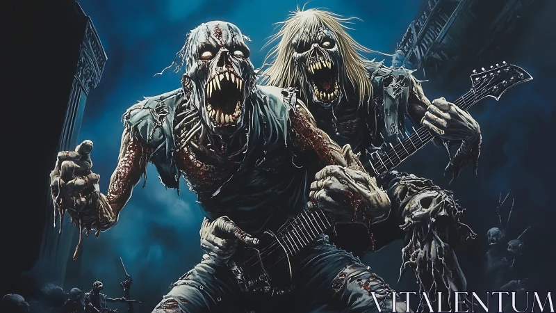 Undead guitar gods scream power chords into midnight ruin