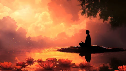 Solitary meditator adrift in a lotus-lit emberlake of dawn.