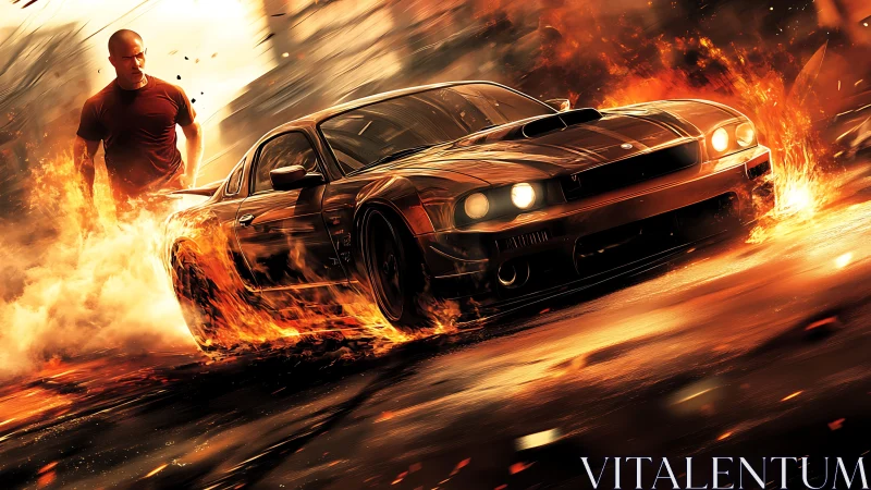 Muscle car moves through stylized fire with figure behind