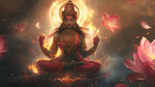 Divine goddess in flaming lotus meditation amid radiant petals.