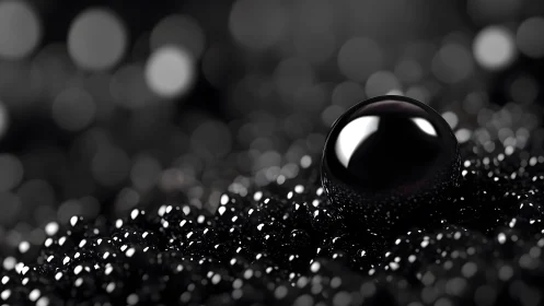 Shiny Black Sphere on Glittering Surface, Abstract Minimalist Art.