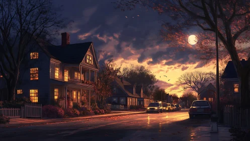 Moonlit suburban street glows with warm autumn windows.
