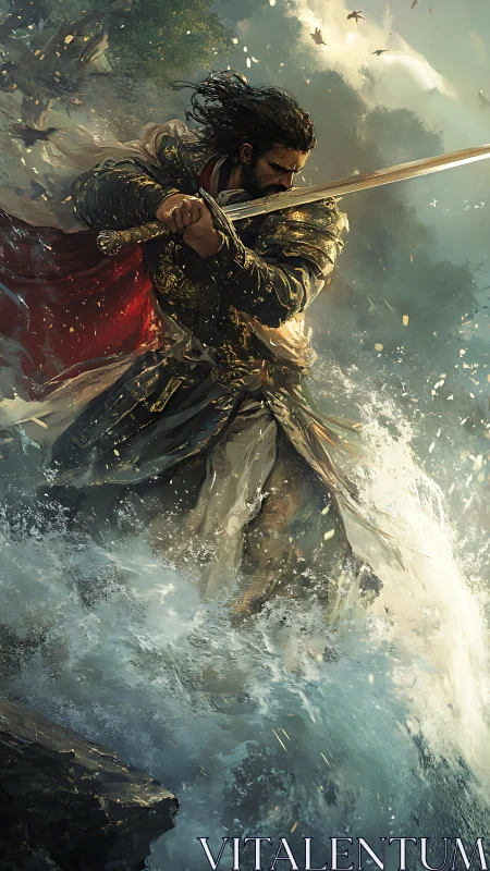 Knight in dynamic surf wielding sword in cinematic motion