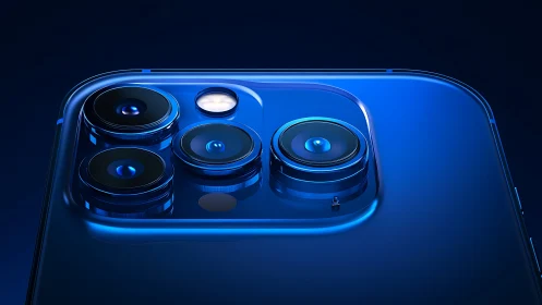 Blue smartphone camera array in dramatic studio lighting.