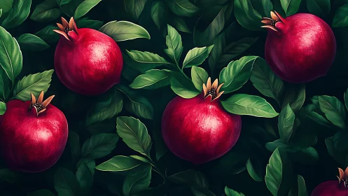Digital still life renders glossy pomegranates in dense foliage