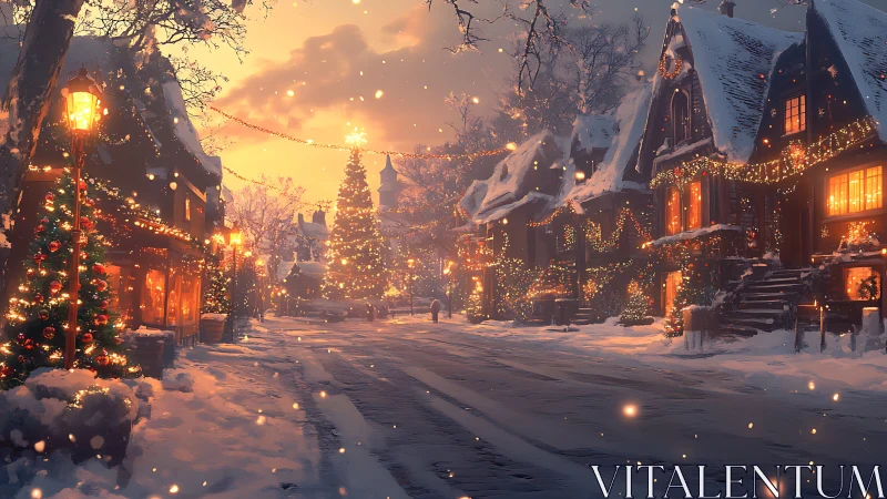 Snow-covered village street glows with warm festive illumination