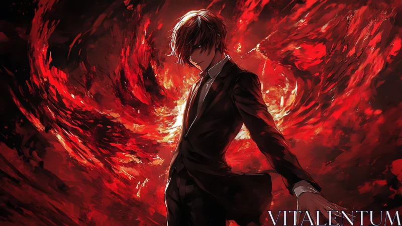 Suit-clad anime antihero within erupting crimson vortex.