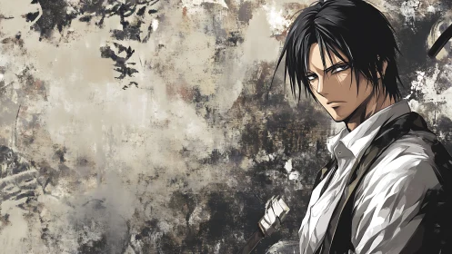 Stoic anime swordsman framed by textured abstract wall