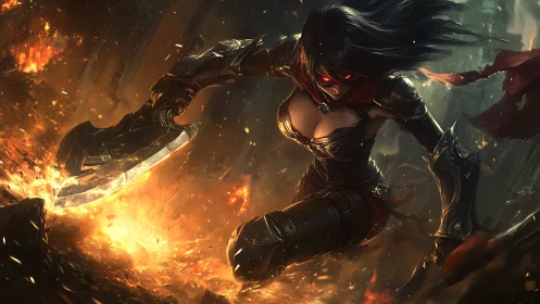Armored rogue lunges through inferno with curved blade drawn