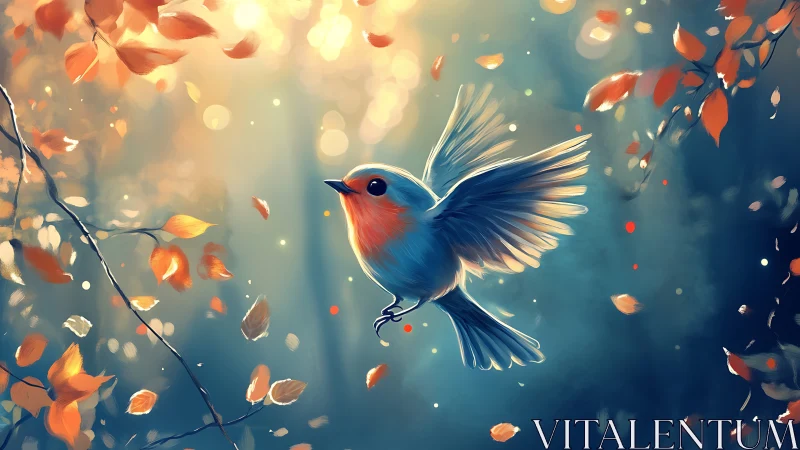 Digital painting of robin in luminous autumn bokeh field.