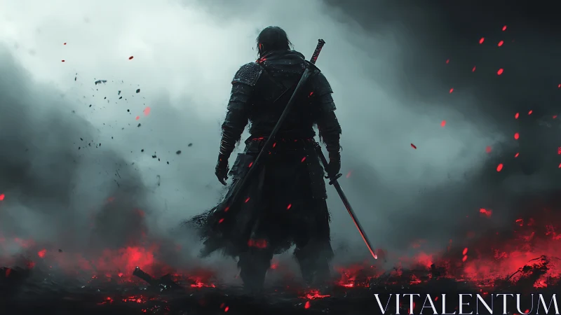 Lone armored warrior steadies his sword in a burning foggy field