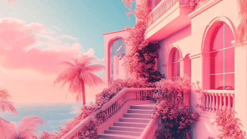Dreamy pastel coastal villa glows in surreal sunset light.