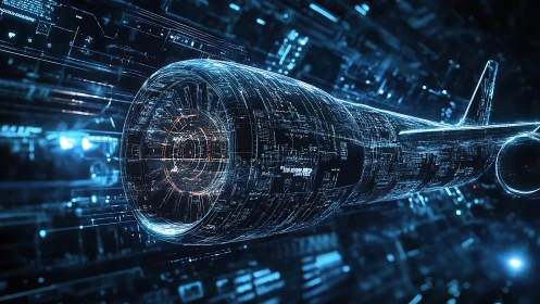 Futuristic jet engine rendered as luminous digital blueprint.