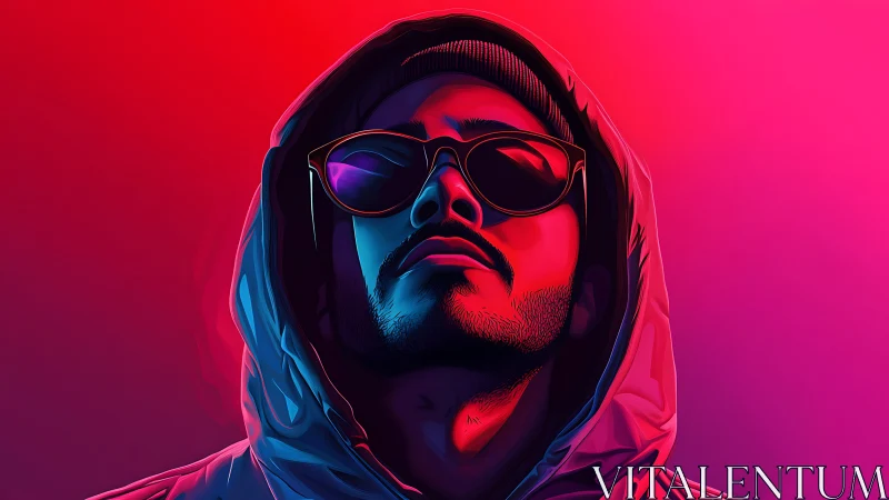 Neon hooded portrait under bold magenta blue lighting.