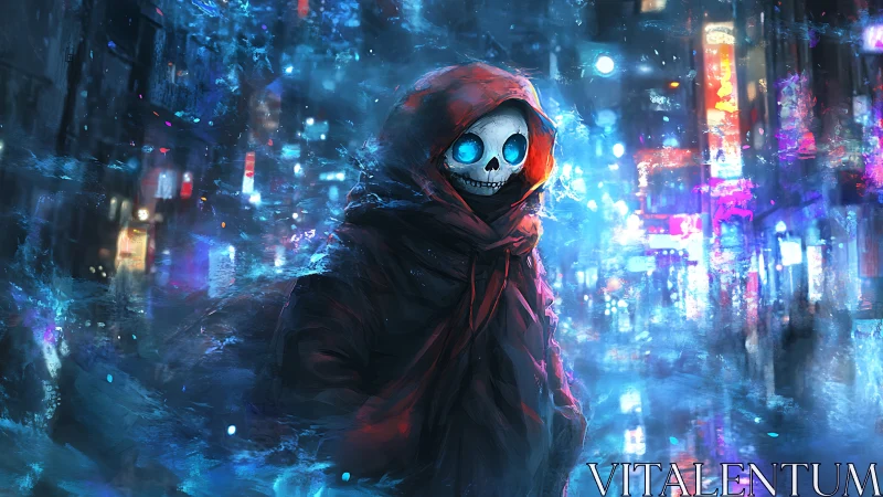Hooded neon skull figure amid rain soaked cyberpunk city street