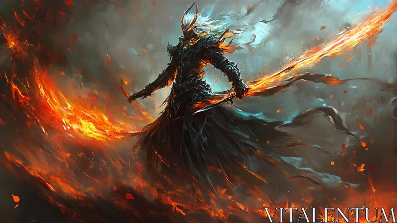 Blazing Warlord in swirling inferno with molten blade.