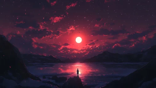 Solitary figure viewing red moon over reflective lake at night.