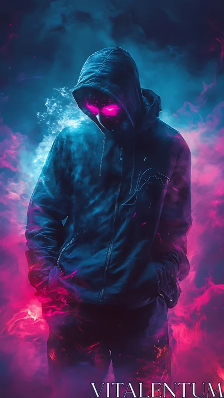 Neon hooded figure in magenta cyan vapor glow portrait.