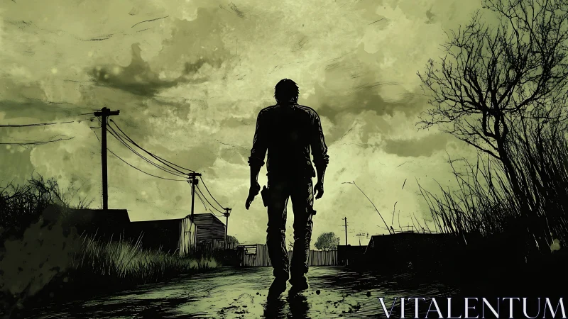Lone survivor strides through desolate stormlit outskirts.