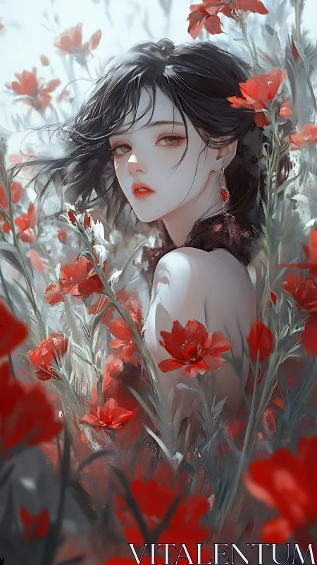 Melancholic girl stands in a crimson flower field at dawn