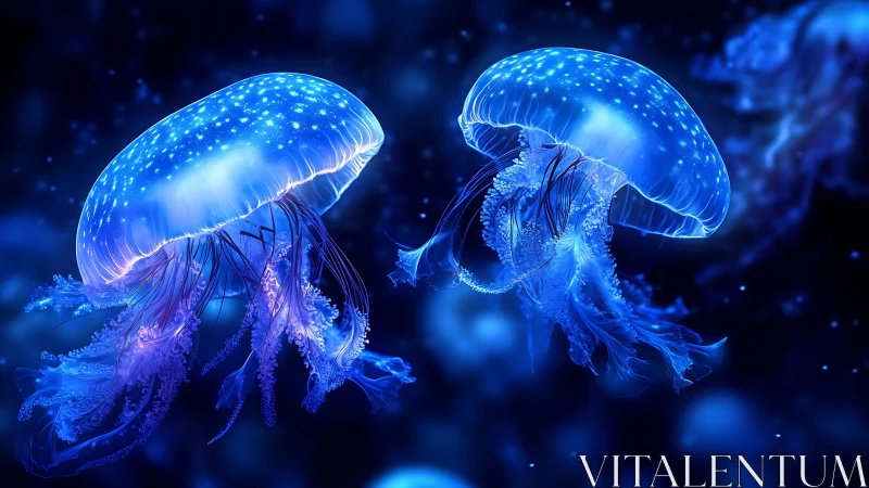 Luminous blue jellyfish drifting through cosmic ocean glow.
