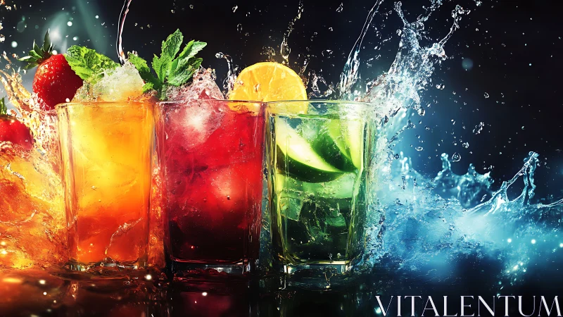 Three Colorful Beverages with Dynamic Water Splash Effects.