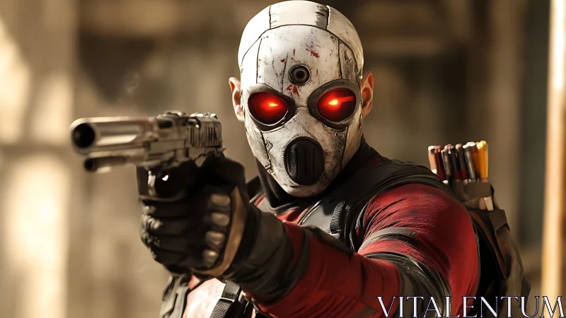 Armored marksman aims handgun with glowing red oculars