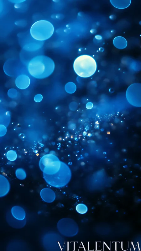 Blue bokeh orbs drift through deep luminous darkness.