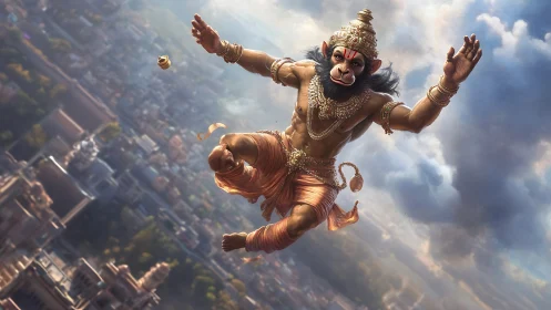 Joyful monkey warrior soaring above a sunlit city sky.