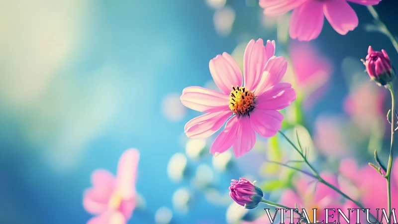 Pink Cosmos Flowers Blooming Against Blue Sky