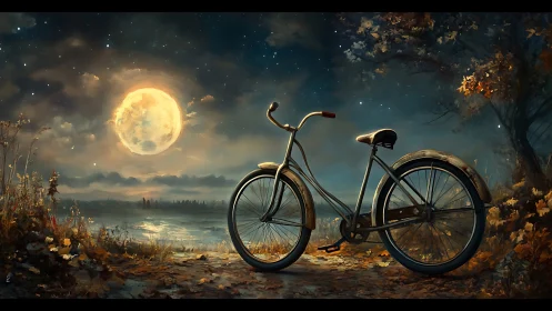 Bicycle Under Harvest Moon at Starlit Riverside.