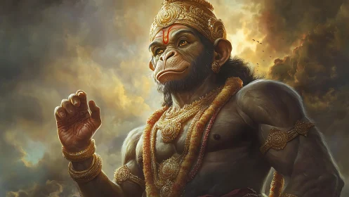 Majestic simian deity under storm lit celestial clouds.
