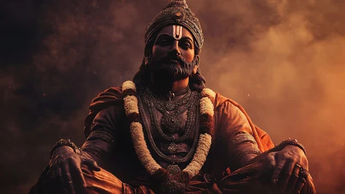 Ember-crowned warrior king statue in dusk-lit reverence.