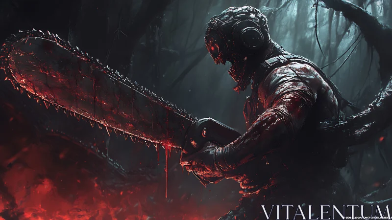 Cinematic 3D horror warrior with gore-soaked chainsaw silhouette.