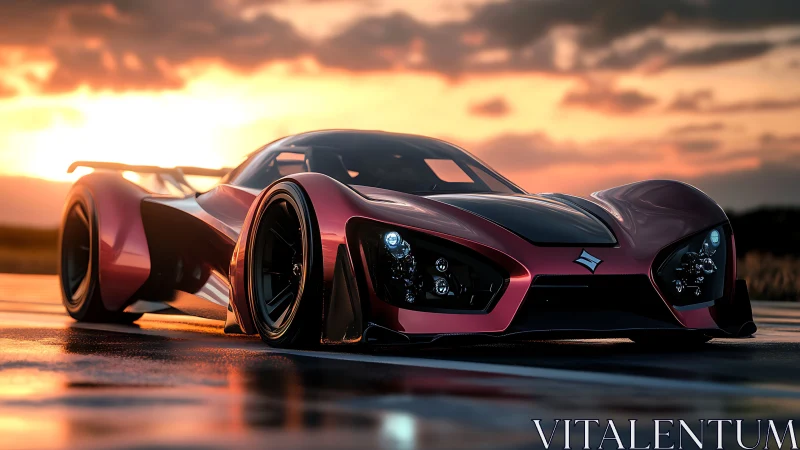 Sunset razor hypercar prowls a glowing mirror-slick runway.