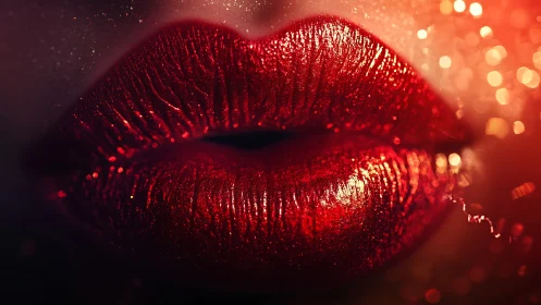Macro closeup of glossy red glitter lips with bokeh highlights