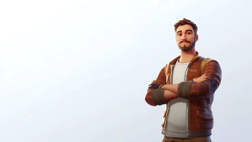 3D cartoon man in casual plaid jacket on clean background.