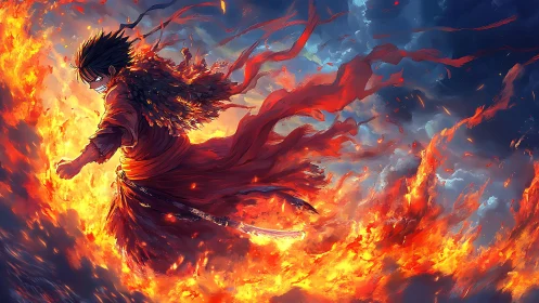 Fire-wreathed warrior strides through a blazing storm of flame.