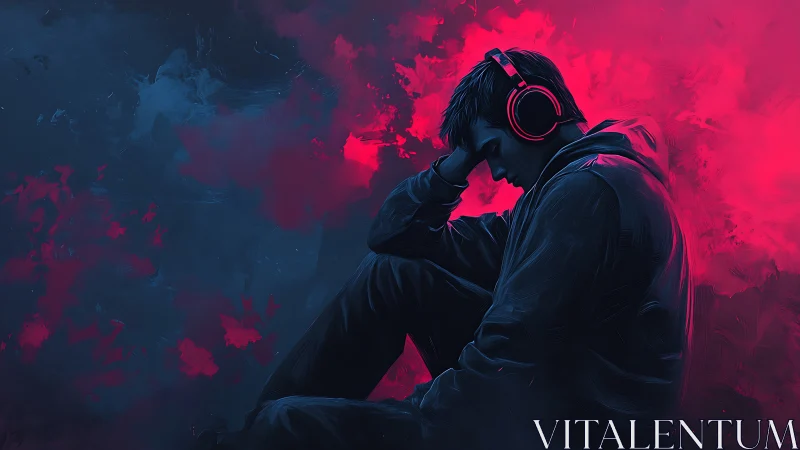 Brooding hoodie listener sits against neon pink smoke haze