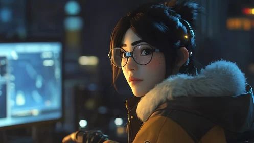 Glasses-wearing gamer monitors glowing screens in dim studio