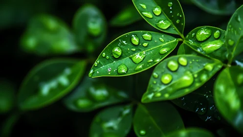 Macro study of rain-soaked green leaves with glossy droplets.