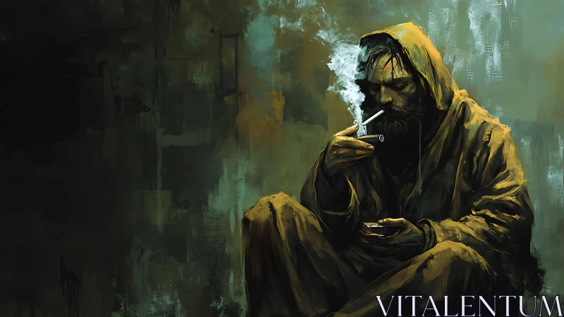Hooded man smoking alone against dark textured backdrop.