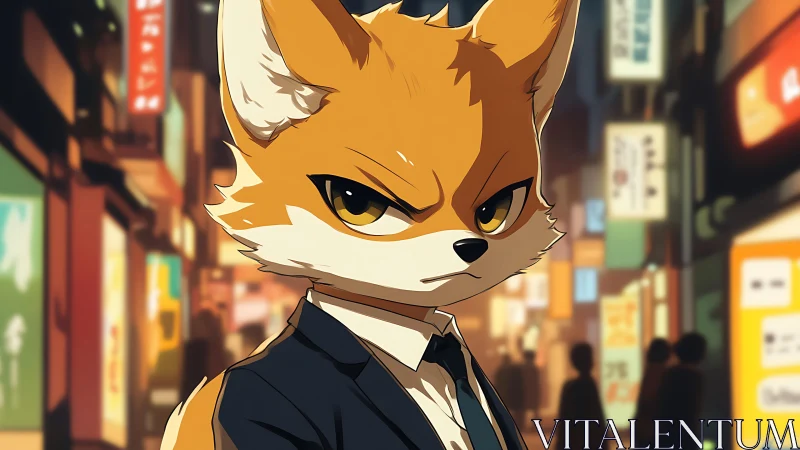 Sharp-eyed fox in suit on neon lit city street at night.