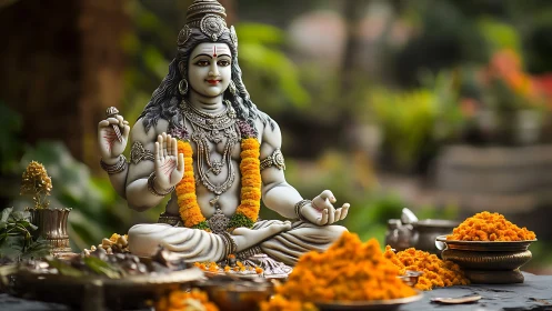 Serene Shiva idol amid marigold offerings in lush temple hush.