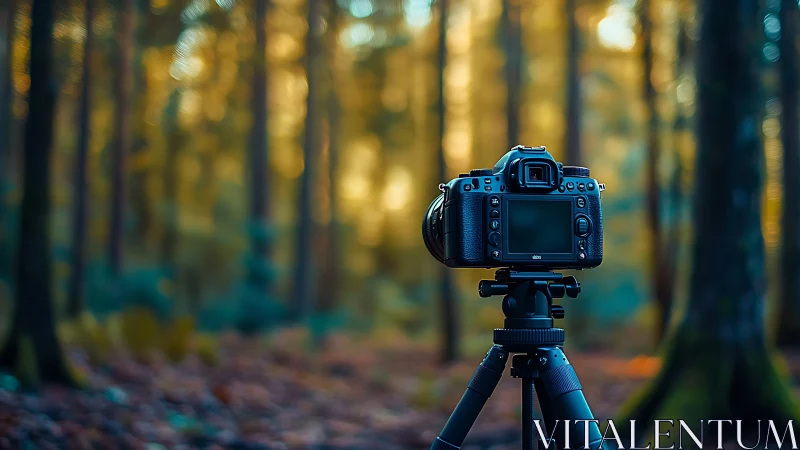DSLR Sentinel Gazes Through Golden Canopy.