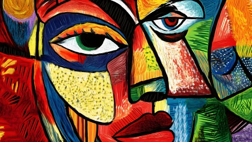 Vibrant abstract cubist portrait with bold colors and textured strokes.