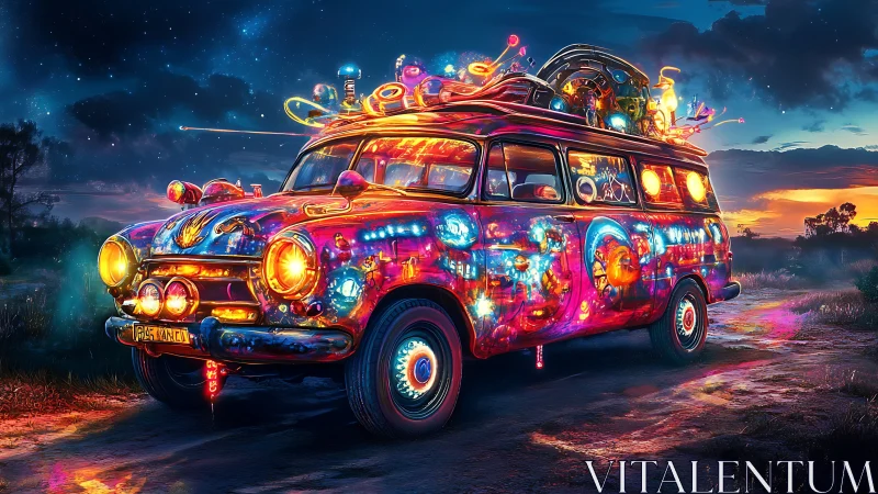 Psychedelic neon road trip van under glowing night sky.