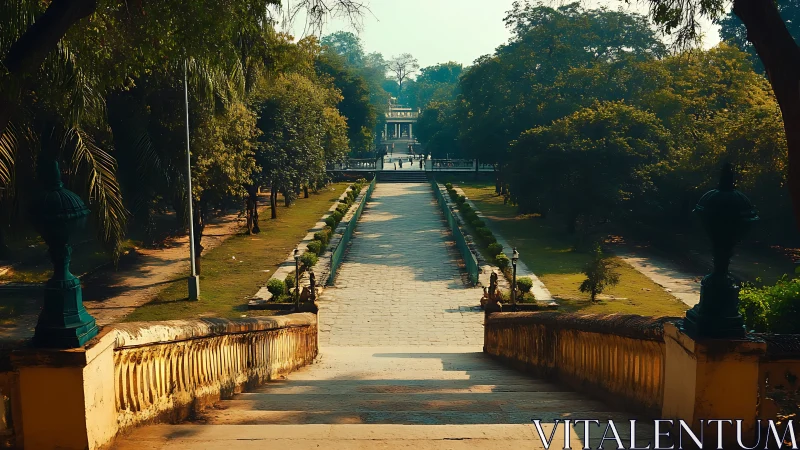 Stone walkway through formal garden toward distant pavilion.