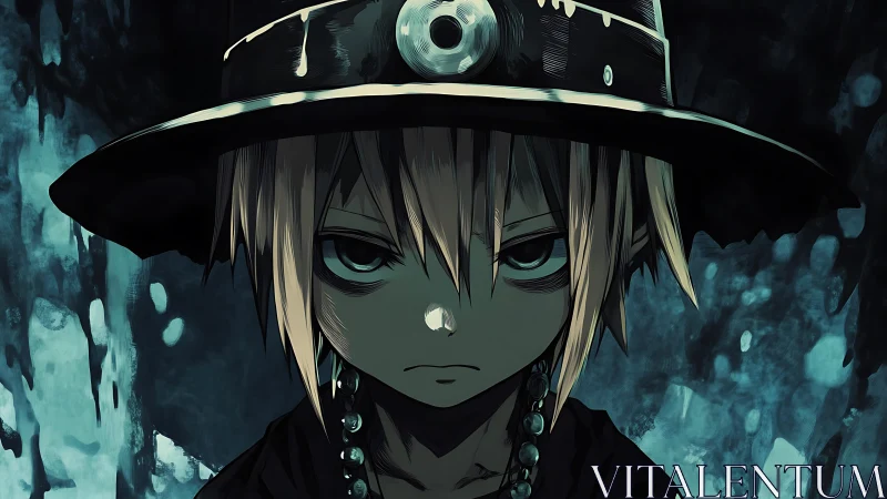 Mysterious young wanderer gazing from a shadowed blue world.